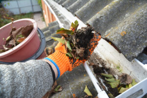 Rain Gutter Cleaning from Leaves in Autumn with hand