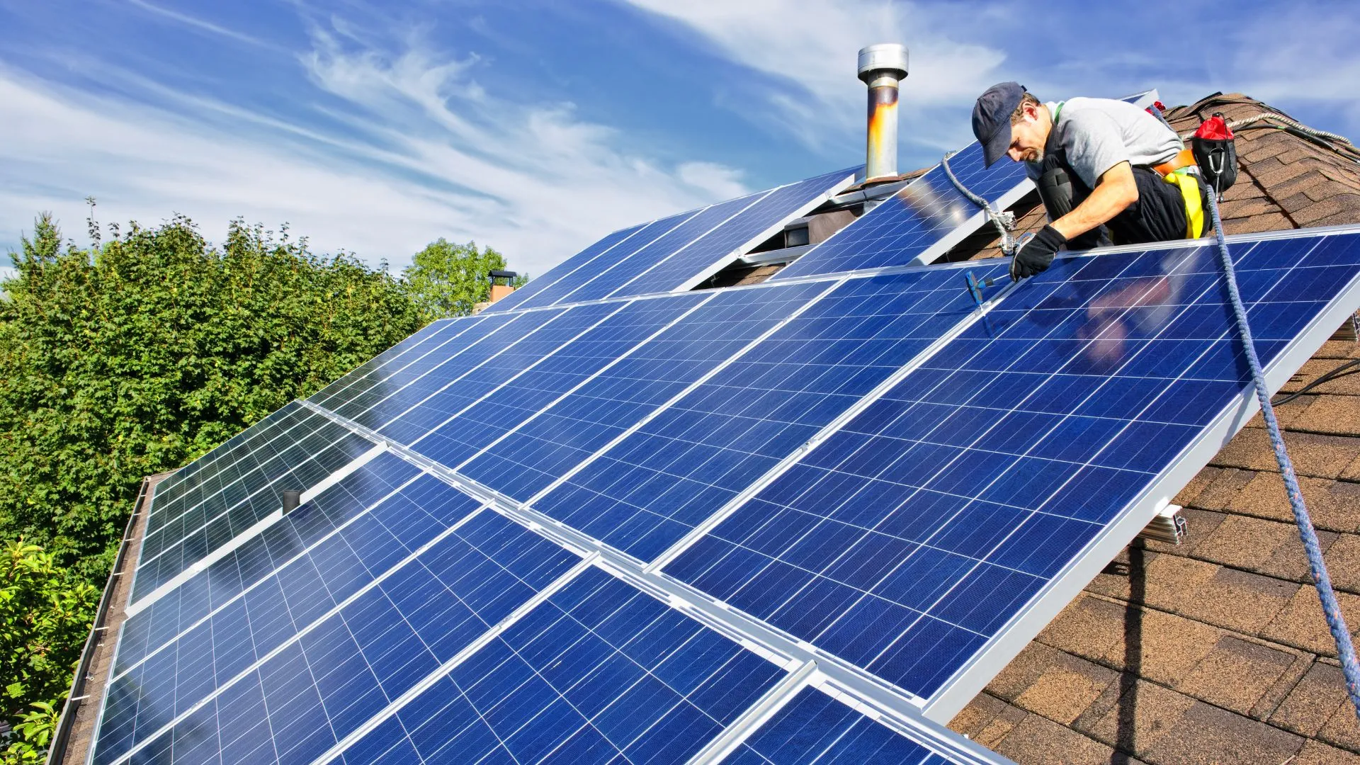 a man working on solar panels on the roof