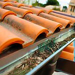 Clogged gutter with dry leaves and pine needles