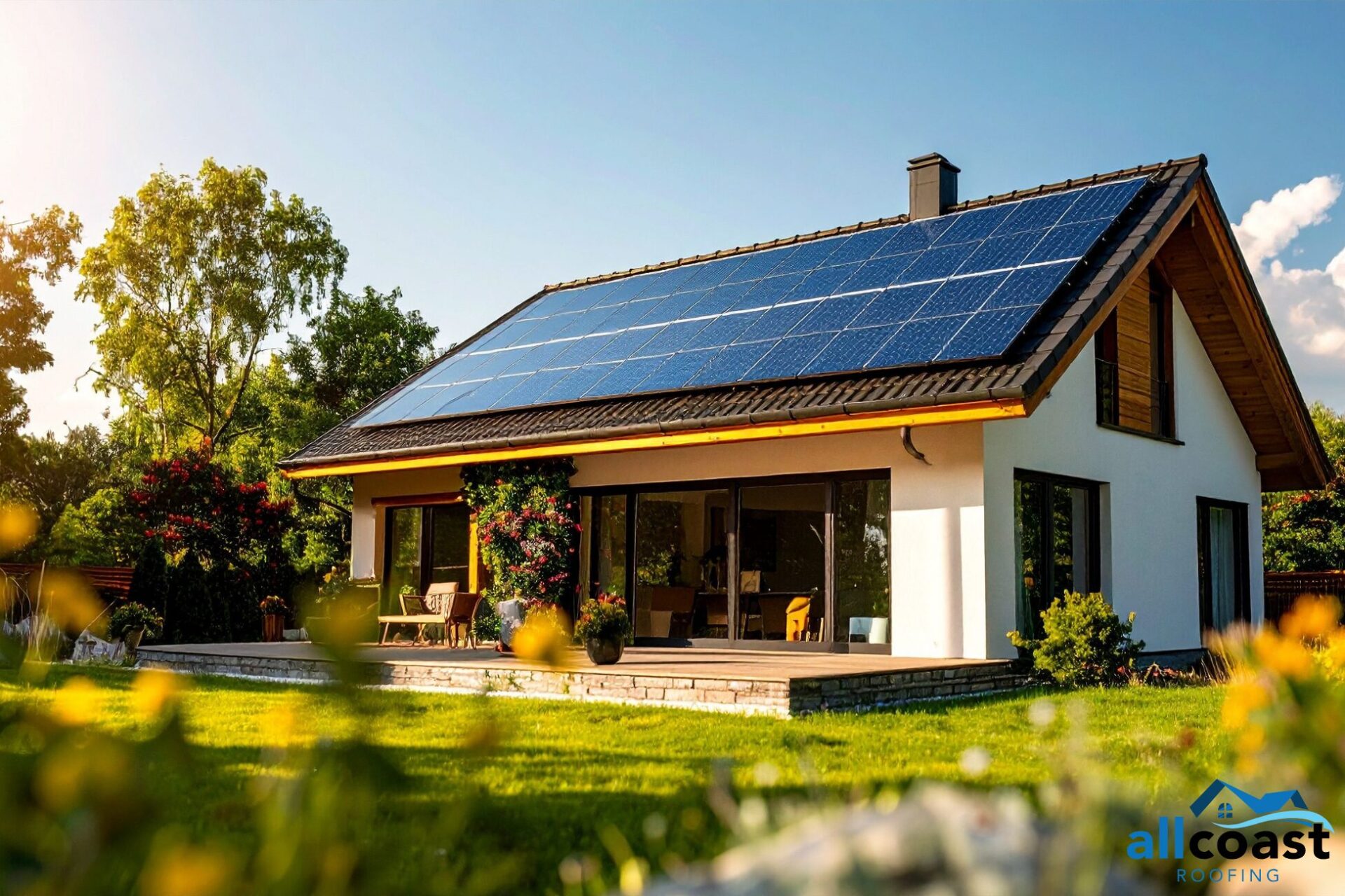solar panels on a roof of a beautiful house